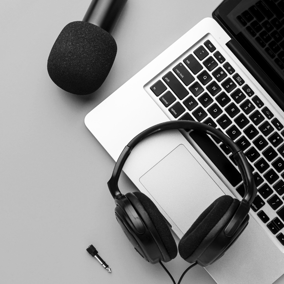 computer and headphones, office